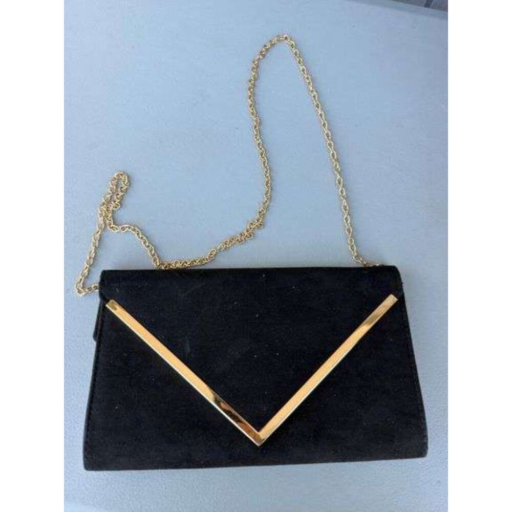 ALDO Black Faux Suede Evening Envelope Clutch Bag Gold V-Bar Chain Strap